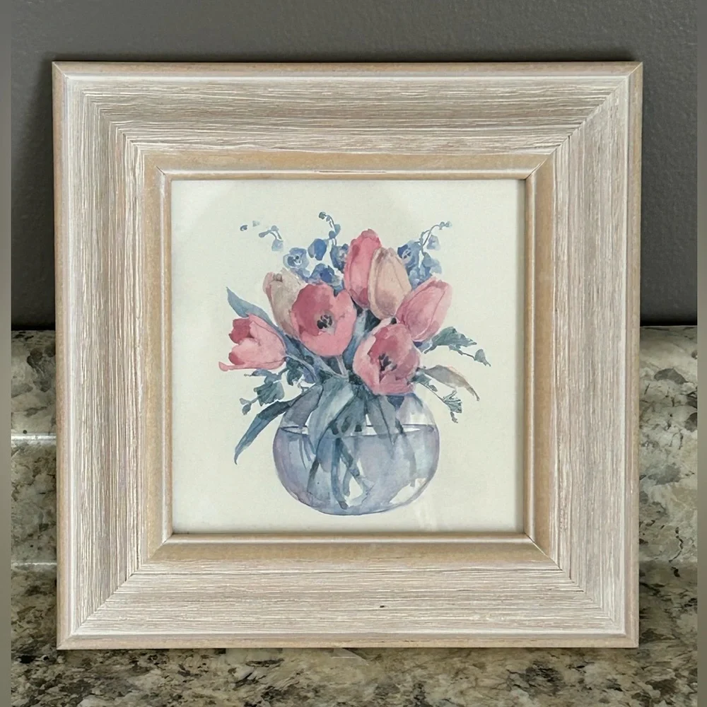 NWT Decorative Framed Watercolor Flowers Vase Whitewashed Wooden Frame 8”X 8”
